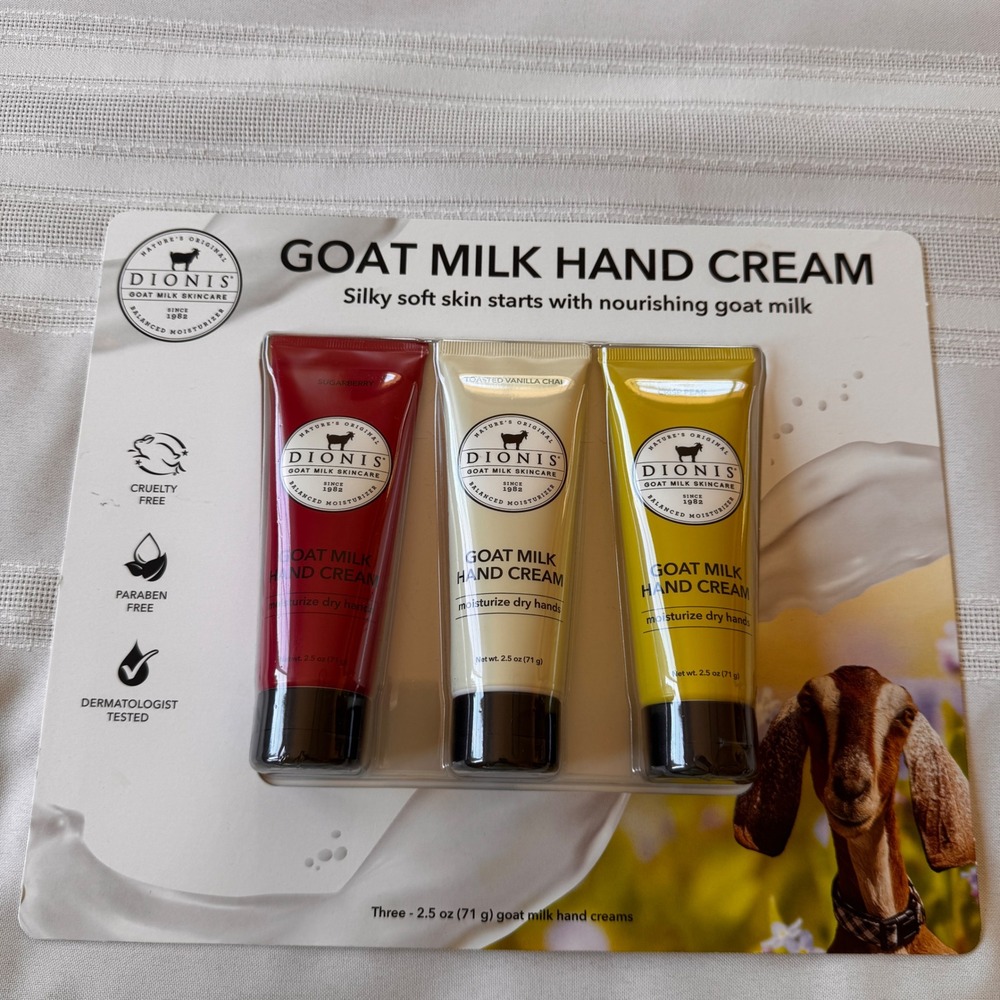 Dionis Goat Milk Hand Cream 3 Pack Set Sugarberry Vanilla Chai Crisp Pear 2.5oz